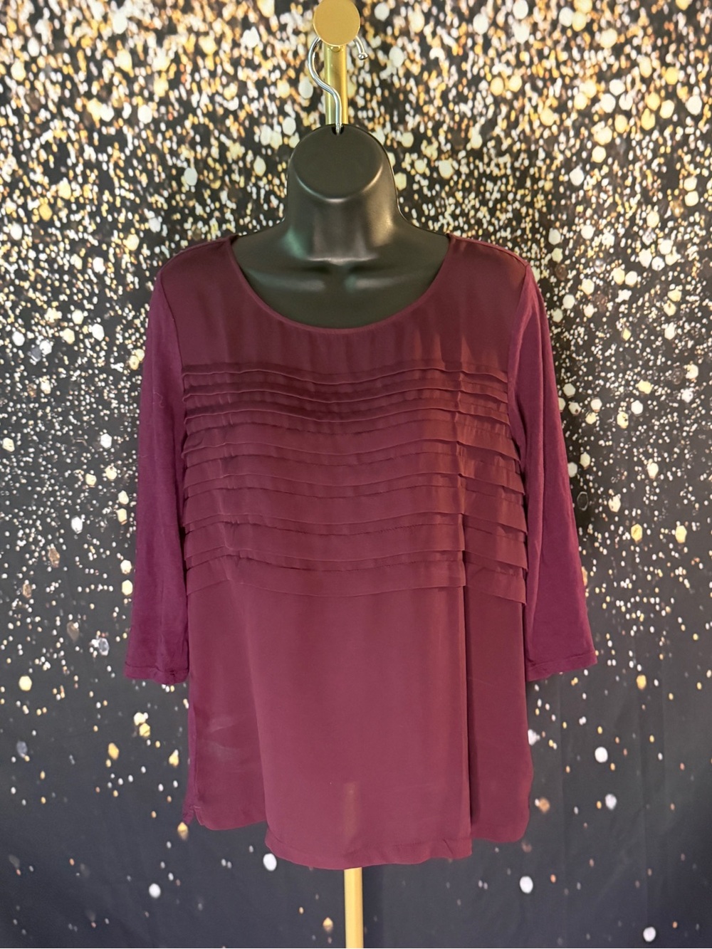 LOFT Wine Pleated Front 3/4 Sleeve Blouse
